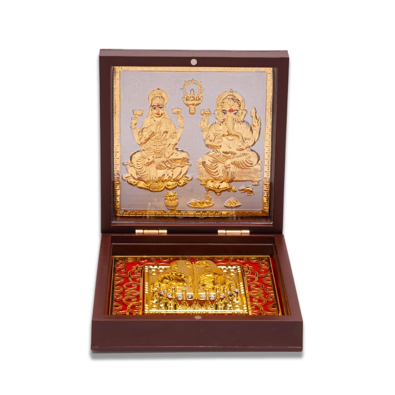 Gold Plated Laxmi Ganesh Photo Frame with Charan Paduka for Diwali Housewarming Return Gift Worship Pooja Room Decor Hindu God Religious Devotional Paduka Prayer Box Momento Prosperity Gift